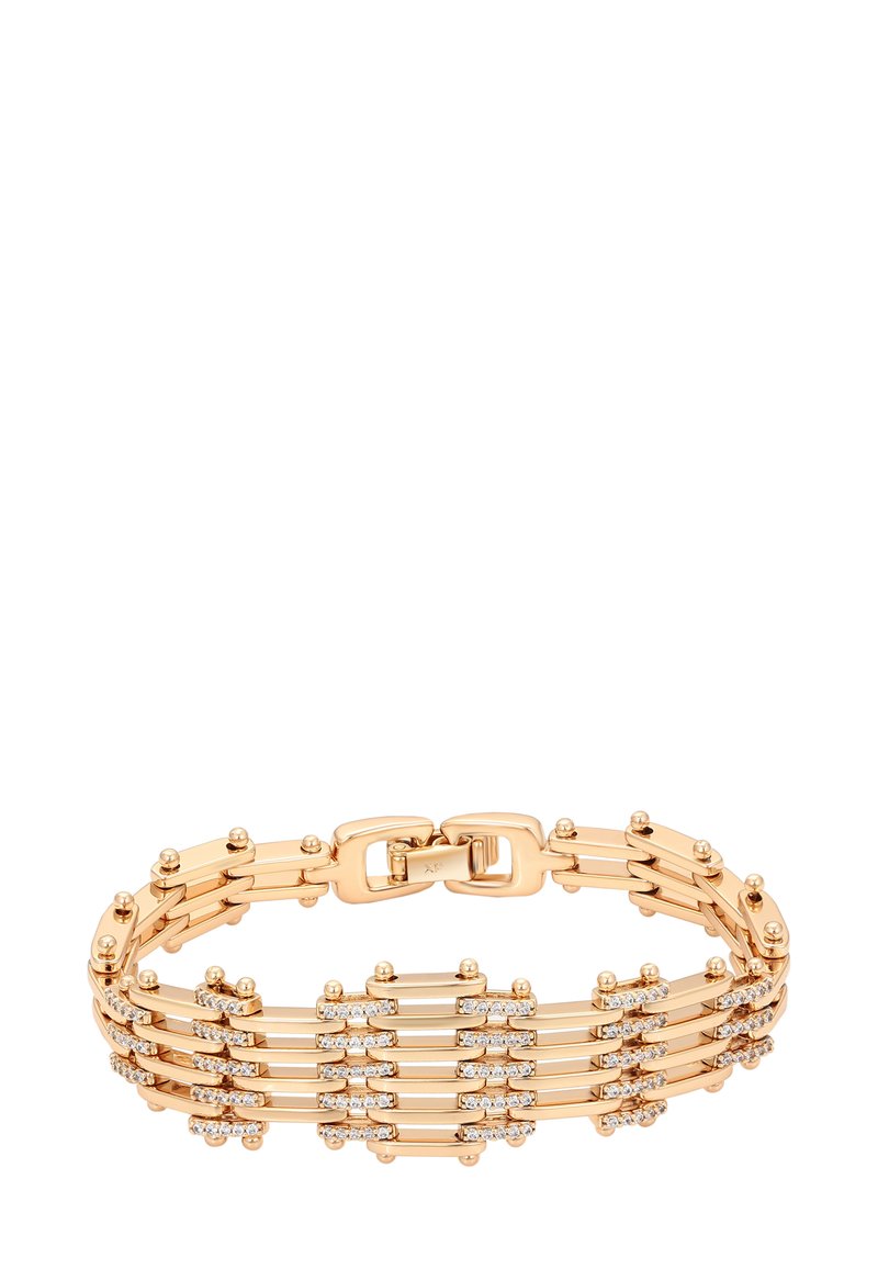 Bracciale in oro con barre orizzontali intrecciate e file di piccoli gemme trasparenti, dotato di una chiusura rettangolare.
