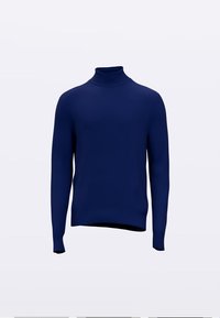 Navy blue turtleneck sweater made of smooth fabric; fitted design with long sleeves and a high collar; no visible patterns or accents.