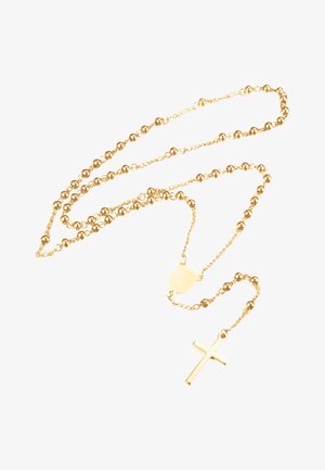 Aukso tono rožančius karoliai, išsiskiriantis sferiniais perlų, centru dekoratyvine medaila ir kryžiaus pakabuku. Lygi apdaila visame dizaine.