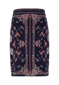 Navy blue skirt with a floral paisley pattern in white and coral. Features a fitted design and a straight cut. Made from soft, stretchy fabric.