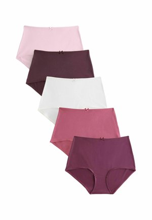 Fem par dameunderbukser med høj talje i pink, bordeaux, hvid, rosa og mørkelilla arrangeret i en lodret række.