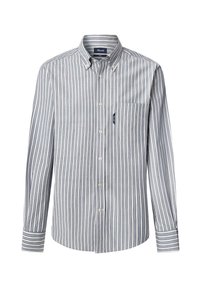 Camisa de botones de manga larga, con rayas verticales azules y blancas, un bolsillo en el pecho izquierdo y un diseño de cuello clásico.