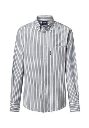 Een button-up shirt met lange mouwen, voorzien van blauw-witte verticale strepen, een zak op de linkerborst en een klassiek kraagontwerp.