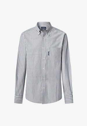Een button-up shirt met lange mouwen, voorzien van blauw-witte verticale strepen, een zak op de linkerborst en een klassiek kraagontwerp.