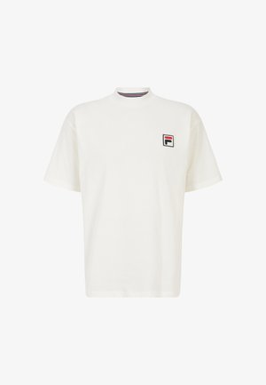 White short-sleeve t-shirt made of cotton, featuring a crew neck and a small Fila logo in red, blue, and black on the left chest.