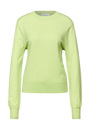 Hellgrüner Pullover, Rundhalsausschnitt, lange Ärmel mit gerippten Bündchen, strukturierter Stoff, taillierter Saum. Einfaches Design ohne Muster oder Akzente.