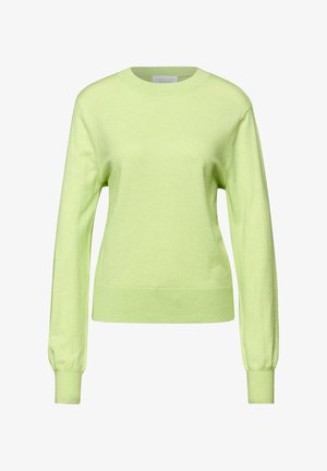 Hellgrüner Pullover, Rundhalsausschnitt, lange Ärmel mit gerippten Bündchen, strukturierter Stoff, taillierter Saum. Einfaches Design ohne Muster oder Akzente.
