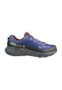 Niepneumatyczny but biegowy Gore-Tex w odcieniach niebieskiego i czarnego z cętowanym czarnym podłożem oraz bordowym wnętrzem, oznaczony nazwą "Agility Peak."