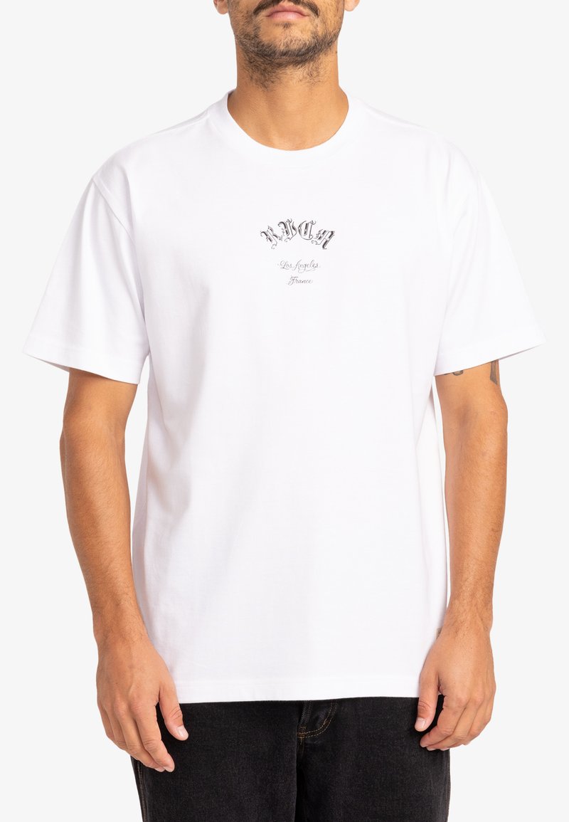 White cotton t-shirt with a round neckline and short sleeves. Features a black printed logo on the chest, simple and unembellished design.