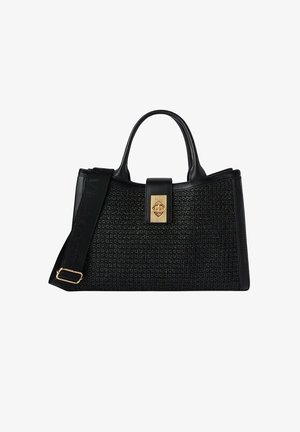 Schwarze Handtasche mit gewebter Textur, Lederakzenten und einem goldenen Verschluss. Wird mit kurzen Griffen und einem abnehmbaren Schulterriemen geliefert.