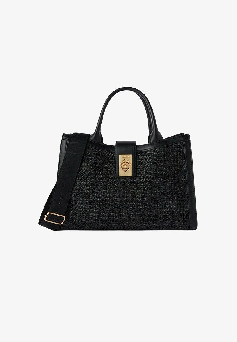 Černá kabelka s tkanou texturou, koženými detaily a zlatým zapínáním. Obsahuje krátké rukojeti a odnímatelný ramenní popruh.