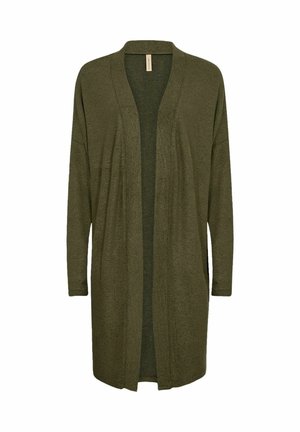 Cardigan lung de culoare verde olive, realizat dintr-un material tricotat moale, cu un design cu fața deschisă și mâneci lungi, având o siluetă relaxată și fluidă.