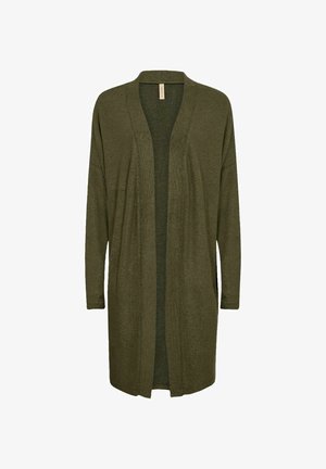 Olive green long cardigan made from a soft knitted material, featuring an open front design and long sleeves, with a relaxed, flowing silhouette.