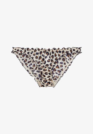 Culottes imprimé léopard en tissu transparent avec bords froncés et bordure noire. Présente une texture douce et légère ainsi que des détails de design ludiques.