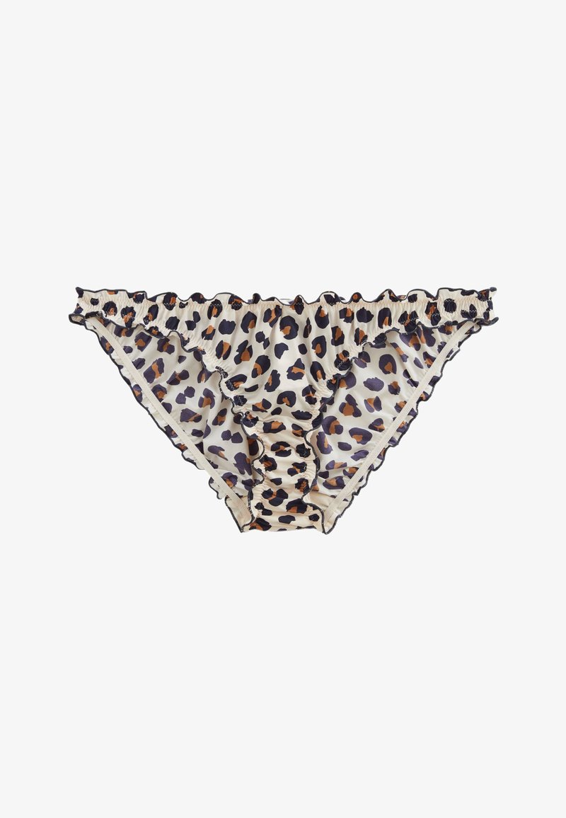 Culottes imprimé léopard en tissu transparent avec bords froncés et bordure noire. Présente une texture douce et légère ainsi que des détails de design ludiques.