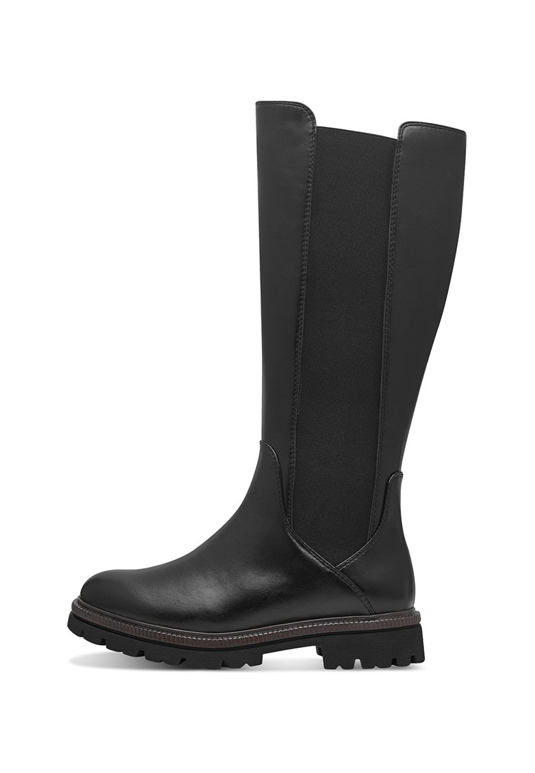 Schwarzlederne kniehohe Stiefel mit elastischen Seitenpaneelen, runder Zehenform und strukturiertem Gummisohle. Mit dezenten Nähten und flachem Absatz.