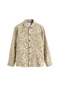 Cămașă cu imprimeu floral din material bej cu modele albe, cu închidere prin butoni, și un design clasic al gulerului. Prezintă mâneci lungi și un buzunar pe piept.
