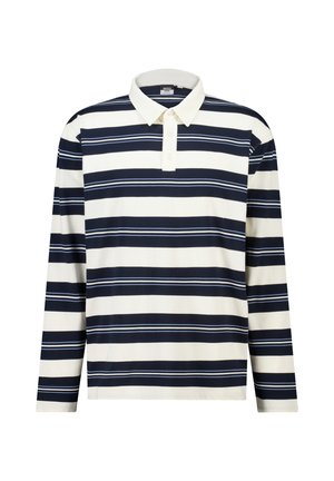 Polo de manga larga con rayas horizontales en azul marino y blanco, cuello blanco y abertura de tres botones.