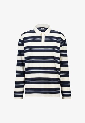 Polo met lange mouwen met marineblauwe en witte horizontale strepen, witte kraag en drieknopsbies.