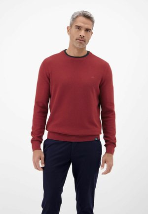 Roter Strickpullover mit strukturierter Musterung, Rundhalsausschnitt und gerippten Bündchen sowie Saum. Kombiniert mit einer navyblauen Hose, stehend vor einem weißen Hintergrund.
