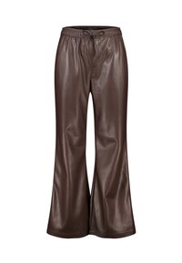 Pantalons en simili cuir marron avec une coupe évasée, taille élastique et fermeture à cordon. Texture lisse avec un minimum de détails.