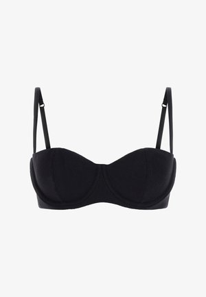 Haut de bikini noir à armatures avec une texture côtelée, des bretelles ajustables et un design de bonnets structurés. Sans rembourrage ni embellissements.