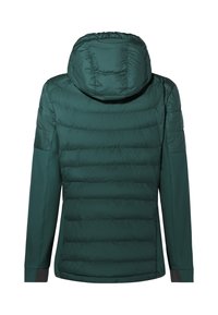 Dunkelgrüne Steppjacke mit Kapuze, langen Ärmeln und glatten Stoffpaneelen an den Ärmeln, von hinten gezeigt.