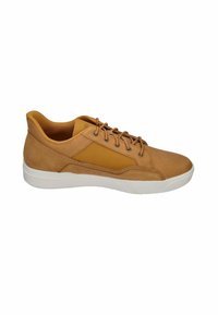 Casual low-top tan leather sneaker with six eyelets, round toe, white rubber sole, and padded collar for comfort.