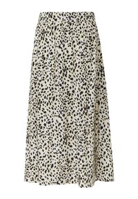 Leopardprint rok van lichtgewicht stof, met een elastische tailleband, A-lijnvorm en een knielengte in crème en zwart kleuren.
