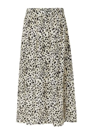 Gonna con stampa leopardata realizzata in un tessuto leggero, con cintura elastica, forma a A e lunghezza fino al ginocchio, nei colori crema e nero.
