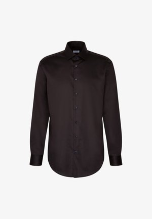 Maglietta nera a maniche lunghe realizzata in tessuto liscio, con colletto classico, chiusura con bottoni e bottoni a contrasto di colore blu scuro.