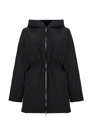 Schwarze Pufferjacke mit Kapuze, ausgestattet mit einem Reißverschluss, elastischem Bund und zwei Fronttaschen. Texturiertes Material mit gesteppten Details.
