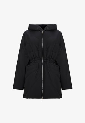 Schwarze Pufferjacke mit Kapuze, ausgestattet mit einem Reißverschluss, elastischem Bund und zwei Fronttaschen. Texturiertes Material mit gesteppten Details.