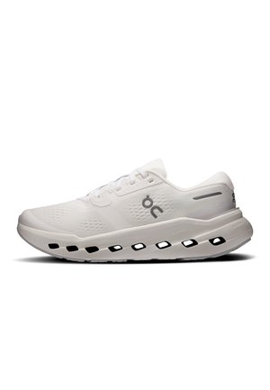 White lightweight running shoe with breathable mesh, lace-up closure, and distinctive cushioned sole with black cutout details.