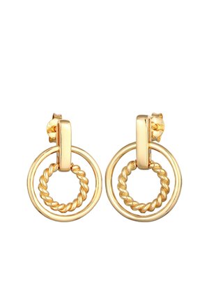 Boucles d’oreilles puces en or avec deux cercles liés chacune, un lisse et un torsadé, présentées sur fond blanc.