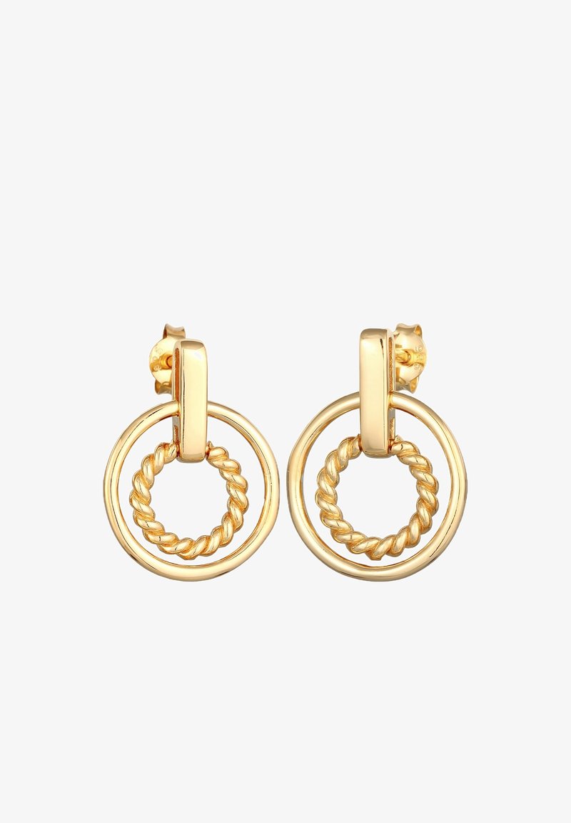 Boucles d’oreilles puces en or avec deux cercles liés chacune, un lisse et un torsadé, présentées sur fond blanc.