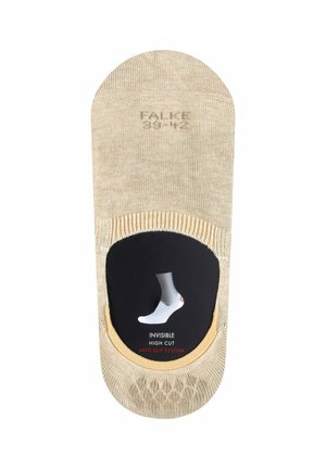 Beige no-show sock with anti-slip grips and packaging label showing white foot wearing the sock, labeled invisible high cut anti-slip system.