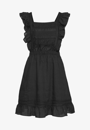 Vestido negro sin mangas con tirantes con volantes, escote cuadrado, cintura fruncida, detalles de pinzas en el busto y dobladillo con volantes.