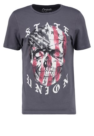 Szara bawełniana koszulka z grafiką czaszki w stylu flagi amerykańskiej. Nad czaszką napis "STATE", poniżej "UNION".