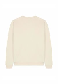 Sweat-shirt couleur crème avec col rond, manches longues et bords-côtes aux poignets et à l'ourlet, avec une texture de tissu lisse et unie.