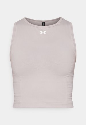 Grey athletic crop top with a round neckline, sleeveless design, and a small white logo on the chest. Made of smooth, stretchy fabric.