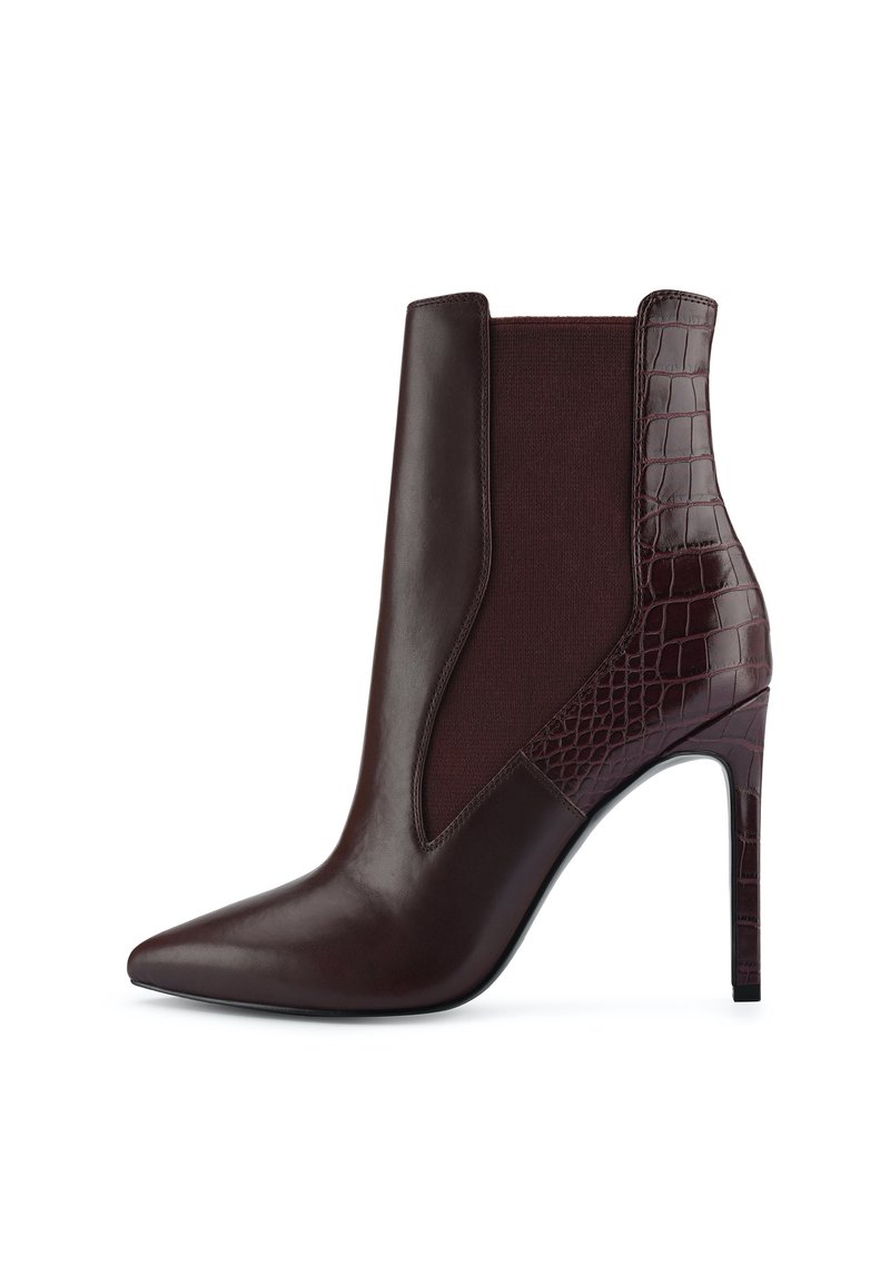 Burgundy ankle boot with a pointed toe, leather front, and elastic sides featuring croc-embossed accents and a high stiletto heel.