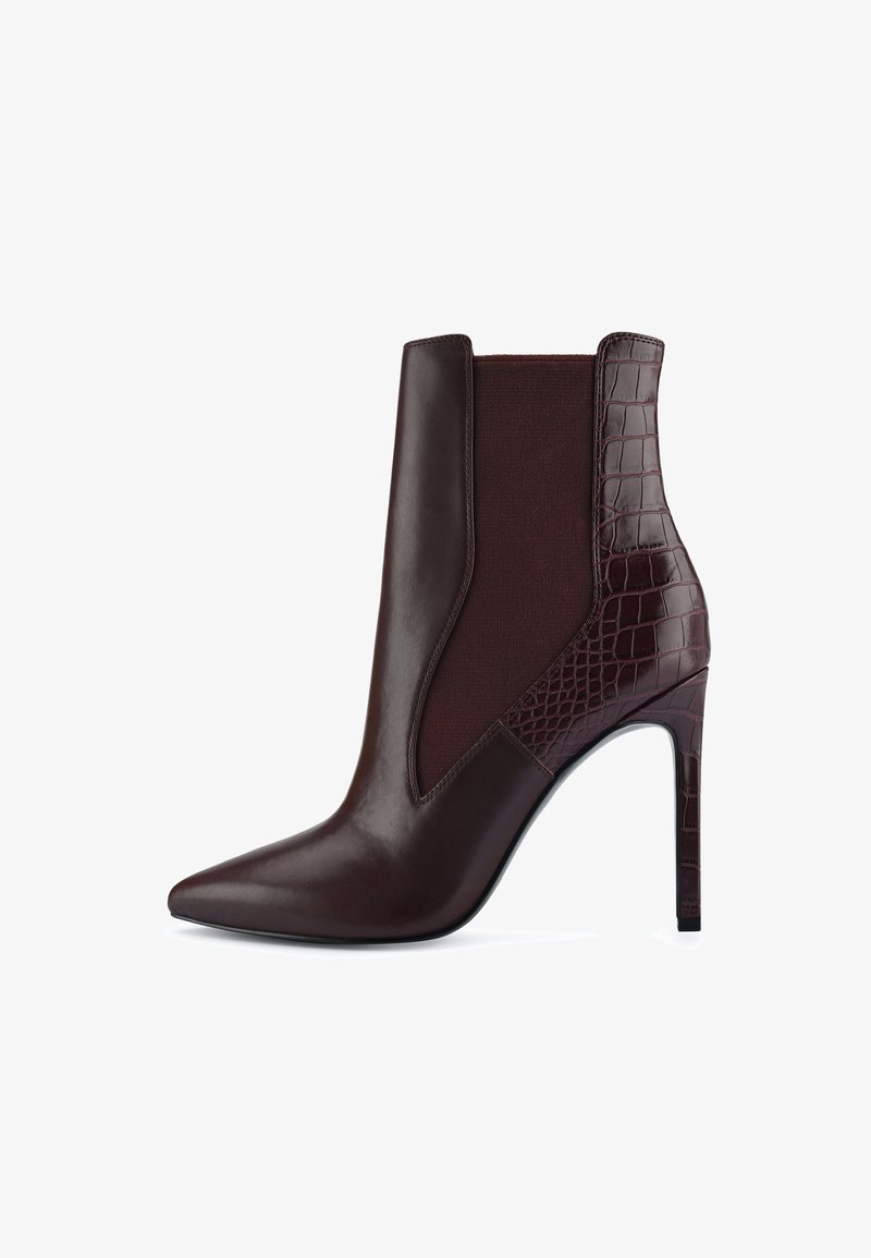 Burgundy ankle boot with a pointed toe, leather front, and elastic sides featuring croc-embossed accents and a high stiletto heel.