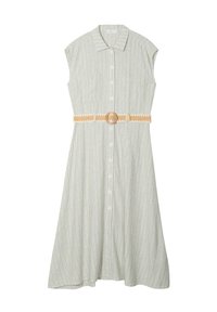 Robe chemise à rayures vertes avec col, manches courtes, boutons sur le devant, deux poches poitrine et une ceinture tissée jaune avec une boucle ronde.
