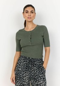 Olive green ribbed knit short-sleeve top with a rounded neckline and five-button placket, paired with gray leopard print drawstring pants.