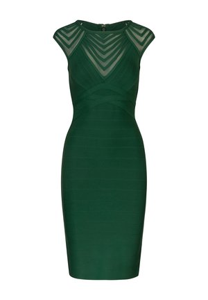 Green fitted dress with cap sleeves, sheer striped upper panel, and textured body featuring horizontal ribbed details. Back zipper closure.