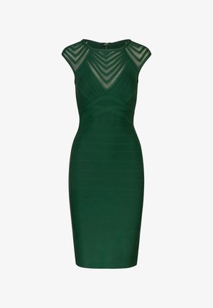 Green fitted dress with cap sleeves, sheer striped upper panel, and textured body featuring horizontal ribbed details. Back zipper closure.