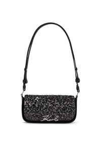 Schwarze Handtasche mit einer strukturierten, mit Pailletten besetzten Oberfläche und silbernem Logo. Besteht aus einem geschmackvollen Design mit einem verstellbaren Gurt für Vielseitigkeit.