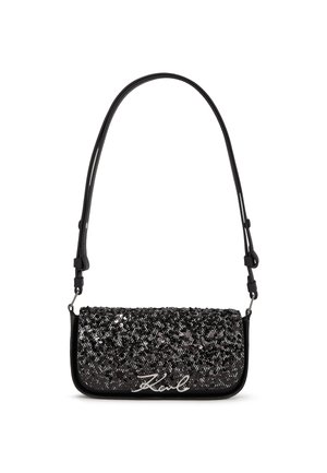 Black handbag with a textured, sequined surface and silver logo. Features a sleek design with an adjustable strap for versatility.