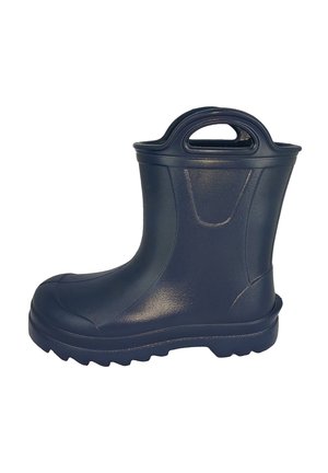 Zwarte rubberen regenlaars met een gladde afwerking en een gestructureerde zool; heeft een ronde neus en een stevige handgreep voor eenvoudig transport.